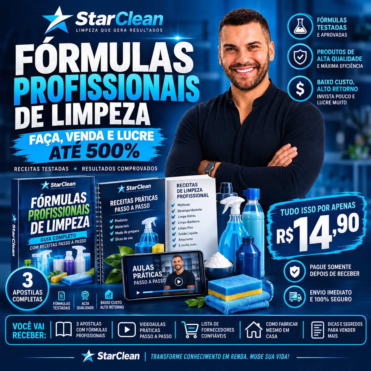 StarClean — fórmulas profissionais de limpeza, com o fundador e os materiais da oferta